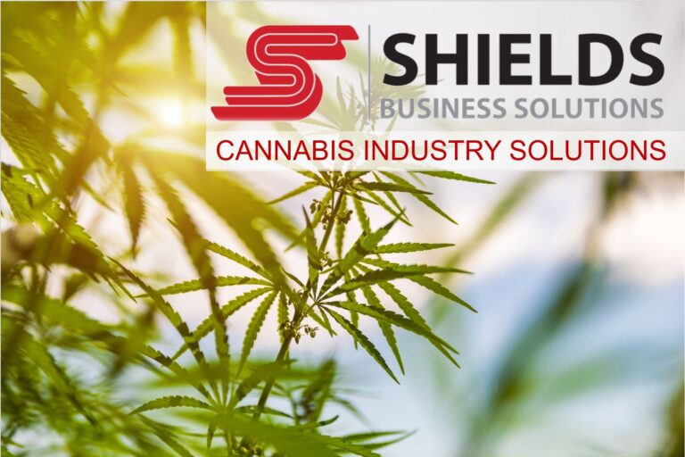 Shields Business Solutions logo with text "cannabis industry solutions" and marijuana leaves